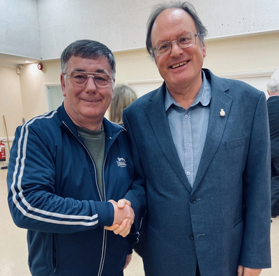 Former county councillor Robin Hughes and parliamentary spokesman Luigi Gregori celebrate their convincing win over the Andover Independents Party in the town council’s Harroway ward byelection. Photo: Joe Hughes.